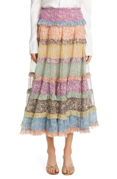 Shop Zimmermann Floral Tiered Ruffle Silk Skirt In Spliced