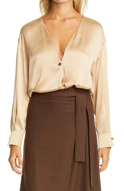 Shop Vince V-neck Ball Button Silk Blouse In Chamois