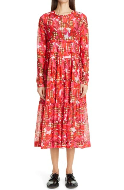 Shop Molly Goddard Rhian Camo & Check Print Long Sleeve Mesh Maxi Dress In Pink Camo