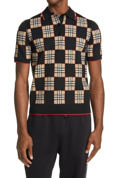 Shop Burberry Chequer Check Jacquard Merino Wool Blend Polo Sweater In Black/ Archive Beige