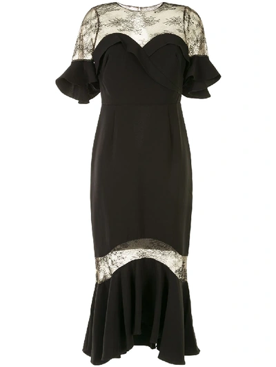Shop Marchesa Notte Ruffled Lace Midi Dress In Black