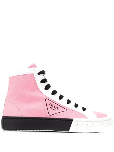 Shop Prada Women's Pink Cotton Hi Top Sneakers
