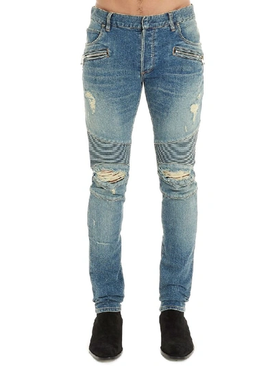 Shop Balmain Men's Blue Cotton Jeans