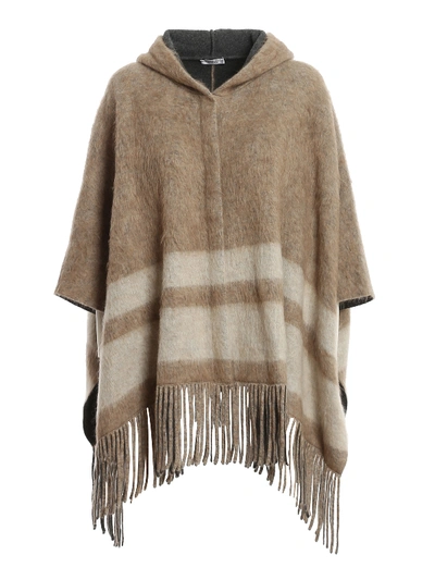 Shop Brunello Cucinelli Wool Blend Fringed Cape In Taupe