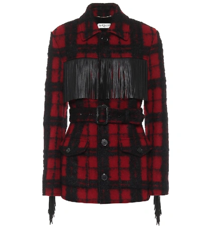 Shop Saint Laurent Leather-trimmed Checked Wool-blend Jacket In Red