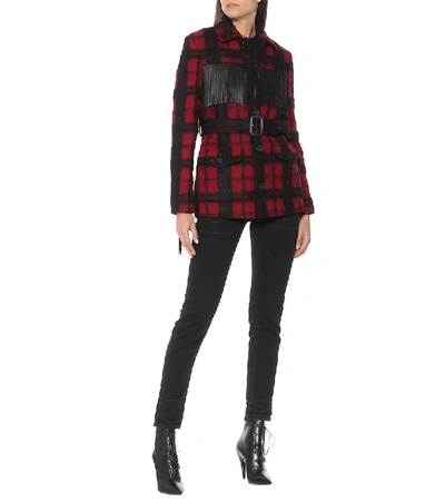 Shop Saint Laurent Leather-trimmed Checked Wool-blend Jacket In Red