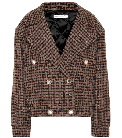 Shop Alessandra Rich Embellished Houndstooth Wool-blend Jacket In Brown
