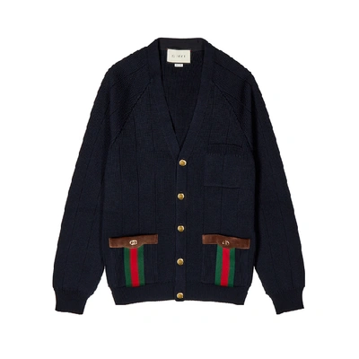 Shop Gucci Gg Navy Wool-blend Cardigan