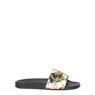 Shop Versace Baroque-print Faux Leather Sliders In Black
