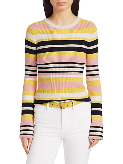 Shop Frame Baja Stripe Cotton & Cashmere Rib-knit Sweater In Citrine