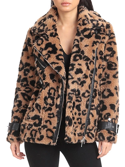 Shop Avec Les Filles Oversized-fit Leopard-print Teddy Faux Fur Biker Jacket In Camel Black Leopard