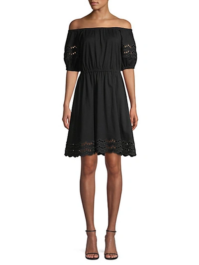 Shop Kate Spade Scallop Border Knit Off-the-shoulder A-line Dress In Black