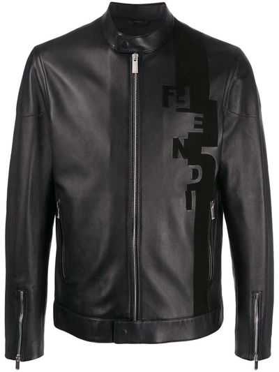 Shop Fendi Men's Black Leather Outerwear Jacket