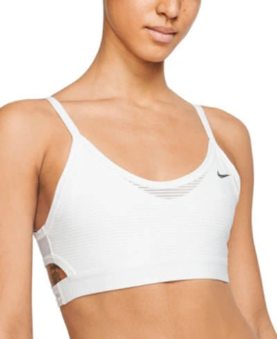 Shop Nike Women's Indy Dri-fit Shadow-stripe Low-impact Sports Bra In White/black