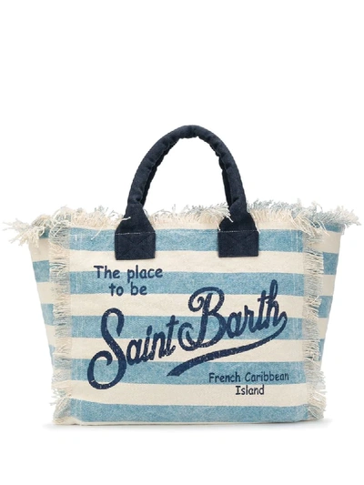 Shop Mc2 Saint Barth Striped Logo Print Beach Bag In Blue