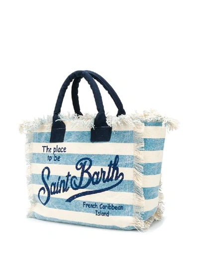 Shop Mc2 Saint Barth Striped Logo Print Beach Bag In Blue