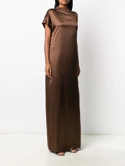 Shop Brunello Cucinelli Asymmetric Sleeve Silk Gown In Brown