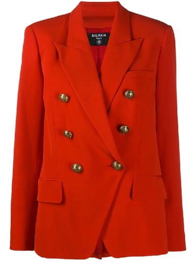 Shop Balmain Double-breasted Blazer Jacket In Orange