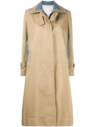 Shop Sacai Denim Panel Trench Coat In Brown