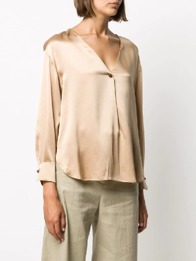 Shop Vince Button V-neck Blouse In Neutrals