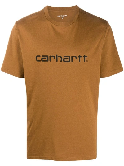Shop Carhartt Crew Neck Logo Print T-shirt In Brown
