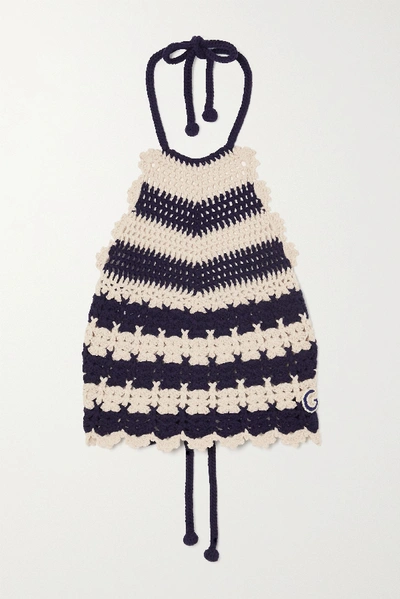 Shop Gucci Open-back Appliquéd Striped Crocheted Wool Halterneck Top In White