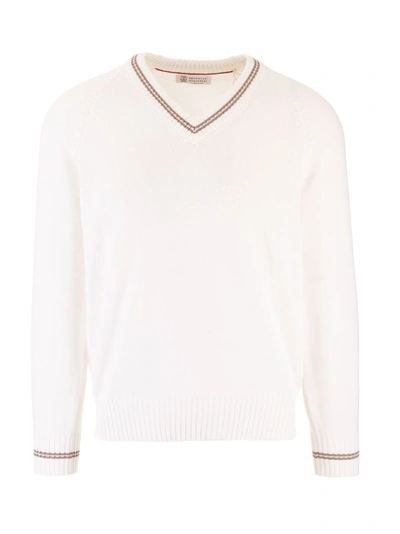 Shop Brunello Cucinelli Men's White Cotton Sweater