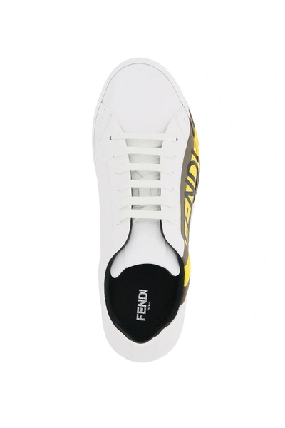 Shop Fendi Leather Sneakers Diagonal Ff Stripe In White,yellow,brown