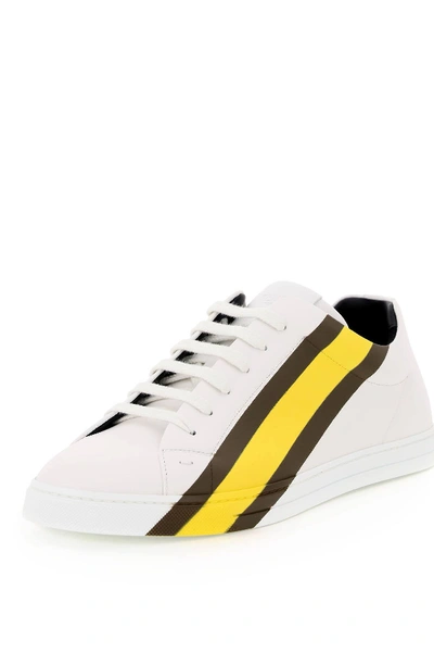 Shop Fendi Leather Sneakers Diagonal Ff Stripe In White,yellow,brown