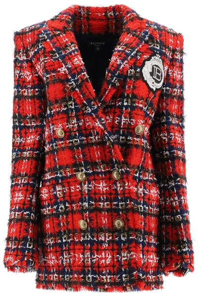 Shop Balmain Tweed Tartan Jacket With Embroidered Patch In Red,white,blue
