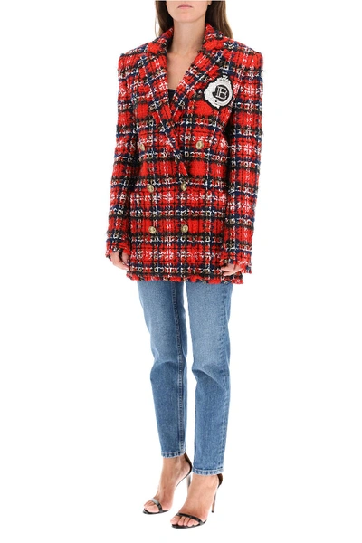 Shop Balmain Tweed Tartan Jacket With Embroidered Patch In Red,white,blue