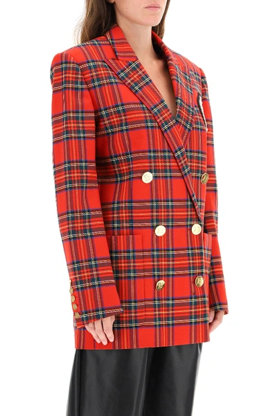 Shop Balmain Tartan Jacket With Jewel Patch In Red,blue,yellow