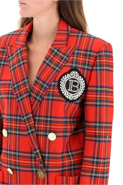 Shop Balmain Tartan Jacket With Jewel Patch In Red,blue,yellow