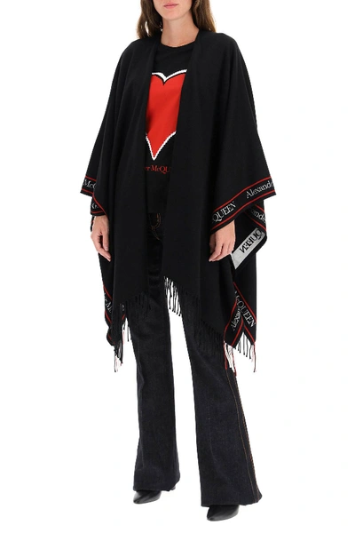 Shop Alexander Mcqueen Cape With Jacquard Logo In Black,white,red