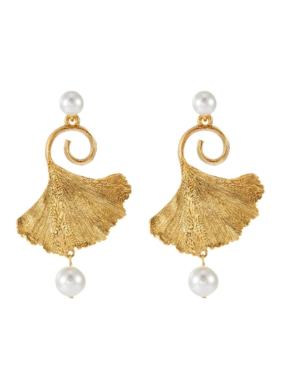 Shop Oscar De La Renta Pearl Embellished Gingko Earrings In Metallic