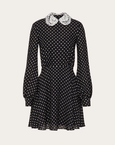 Shop Valentino Short Printed Georgette Dress In Black/ivory