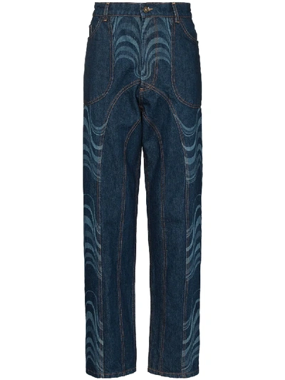 Shop Ahluwalia Wave-print Straight-leg Jeans In Blue