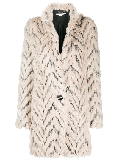 Shop Stella Mccartney Fur Free Fur Chevron-stripe Coat In Neutrals