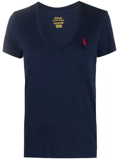 Shop Polo Ralph Lauren Logo-embroidered V-neck T-shirt In Blue