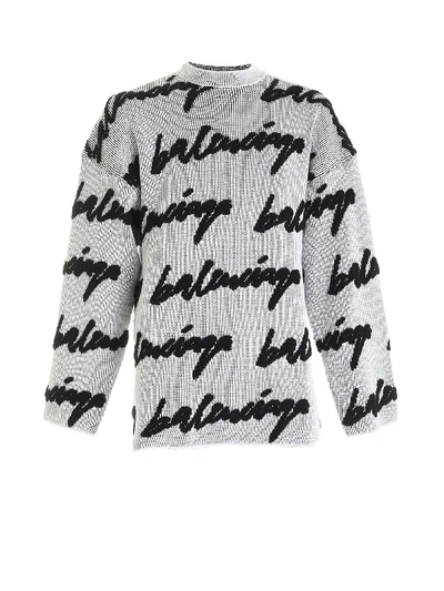 Shop Balenciaga Crewneck 3d Scribble Knit Sweater In White/black