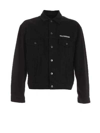 Shop Balenciaga Logo Denim Jacket In Pitch Black