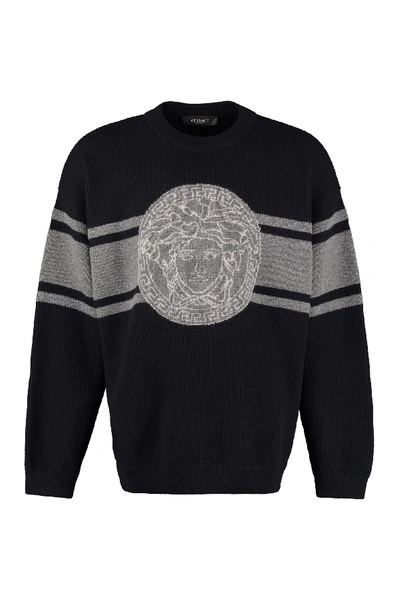 Shop Versace Ribbed Wool Sweater In Blue