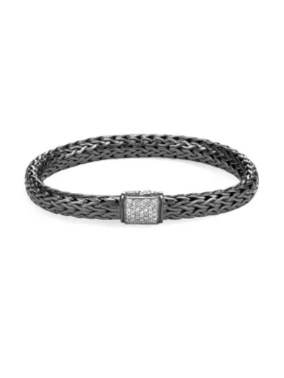 Shop John Hardy Classic Chain Black Rhodium-plated Sterling Silver & Diamond Medium Bracelet