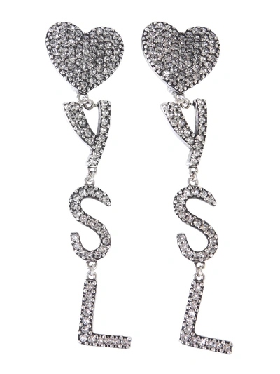 Shop Saint Laurent Pendant Earrings With Hearts And Logo In Silver