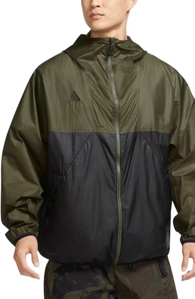 Shop Nike Acg Packable Water Repellent Hooded Jacket In Cargo Khaki/ Black