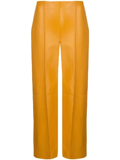 Shop Oscar De La Renta Lambskin Leather Cropped Trousers In Yellow