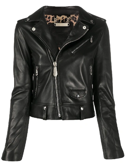 Shop Philipp Plein Zipped Biker Jacket In Black