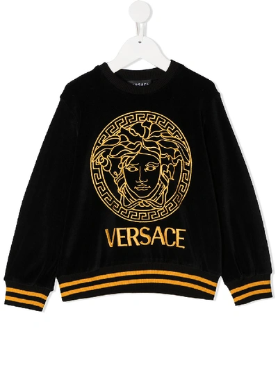 Shop Young Versace Medusa-embroidered Velour Sweatshirt In Black