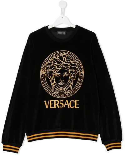 Shop Young Versace Teen Medusa-embroidered Velour Sweatshirt In Black
