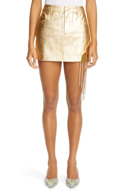 Shop Area Crystal Flower Metallic Denim Miniskirt In Gold